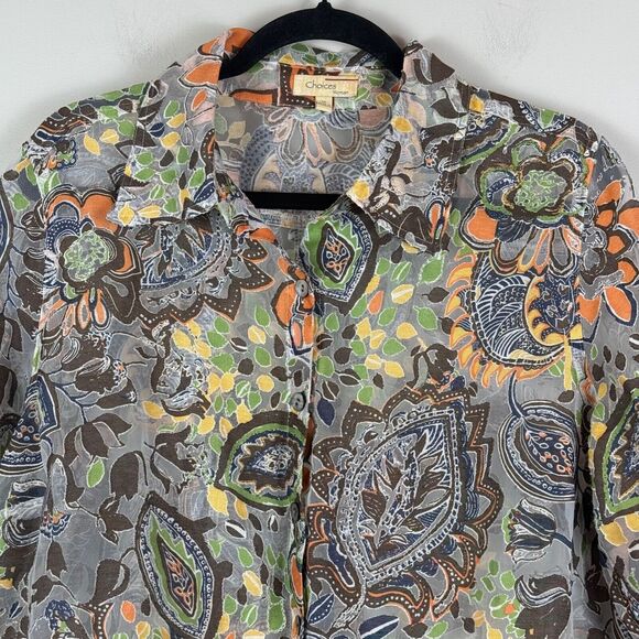 Choices Top Women 1X Multi Paisley Floral Semi sheer 3/4 Sleeve Button-Up Mature - Picture 2 of 8